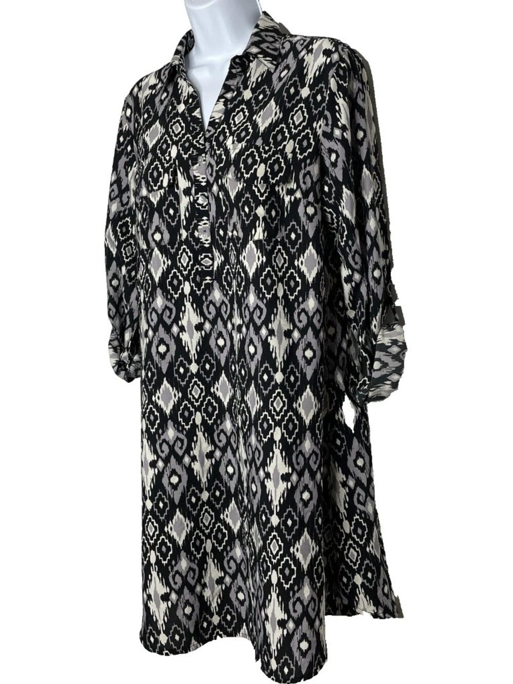Roper Ikat Western Shirt Dress Size M Black Gray Southwestern Aztec Roll Tab - Picture 7 of 8
